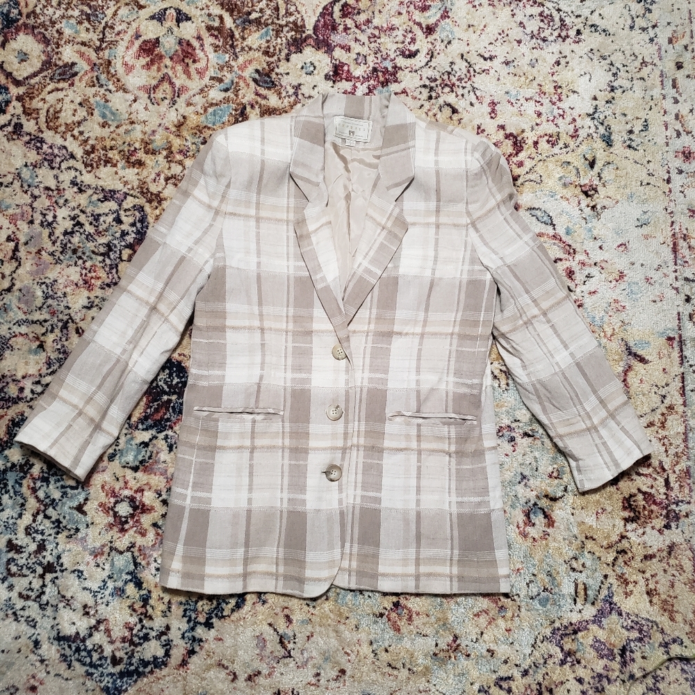 Vintage 90s Neutral Plaid Linen Blend Blazer Express Size Small
